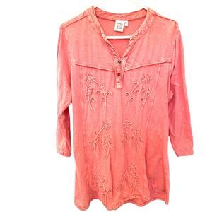Parsley & Sage Henley Top XL Coral Pink Pullover Lagenlook Boho Coastal Cottage